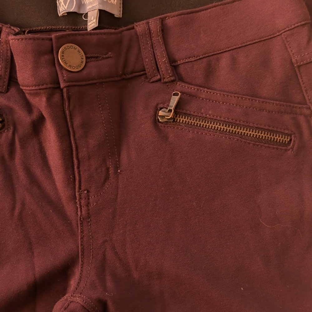 Stylish Dark Purple Burgandy Pants with Zipper Accents Elastic Band Stretch Pant - Picture 4 of 12